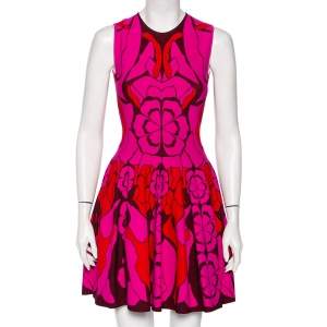 Pre Owned Alexander McQueen Pink Floral Intarsia Knit Sleeveless Fit & Flare Dress S