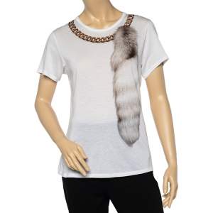 Pre Owned Alexander McQueen White Fur & Chain Print Cotton Crew Neck T-Shirt M