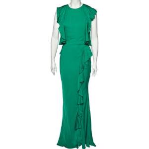 Pre Owned Alexander McQueen Green Crepe Ruffled Sleeveless Gown S
