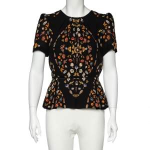 Pre Owned Alexander McQueen Black Obsession Printed Silk Peplum Top M