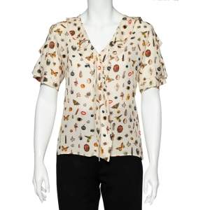 Pre Owned Alexander McQueen Beige Obsession Printed Silk Ruffled Top S