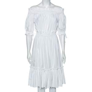 Alexander McQueen White Cotton Ruched Tiered Off Shoulder Midi Dress M 