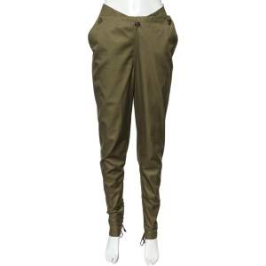Pre Owned Alexander McQueen Military Green Cotton & Leather Lace Up Detail Trousers S