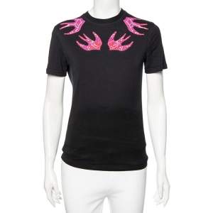 Pre Owned Alexander Mcqueen Black Cotton Pink Swallow Embroidered Crewneck T-Shirt XXS