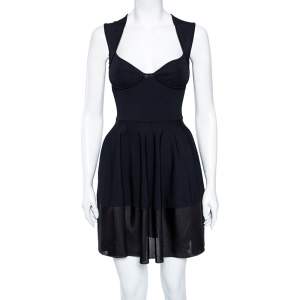 Pre Owned Alexander McQueen Black Knit & Silk Trim Detailed Flared Dress S