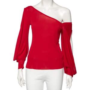 Pre Owned Alexander McQueen Red Knit Asymmetric Neck Detailed Top M