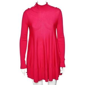 Pre Owned Alexander McQueen Magenta Wool Button Detail Turtleneck Flared Mini Dress L