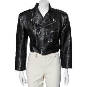 Pre Owned Alexander McQueen Black Leather Belted Zip Front Cropped Jacket L