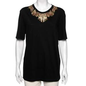 Pre Owned Alexander McQueen Black Gold Glory Embellished Cotton Top M