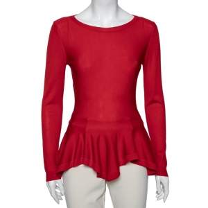 Pre Owned Alexander McQueen Red Wool Flared Hem Long Sleeve Top S