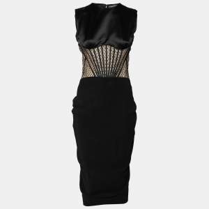Pre Owned Alexander McQueen Black Crepe & Lace Corset Inset Cocktail Dress M