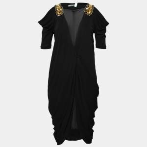 Pre Owned Alexander McQueen Black Jersey Embellished Detailed Draped Dress M
