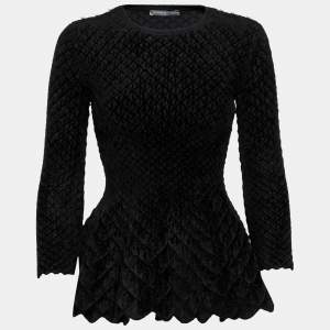 Pre Owned Alexander McQueen Black Patterned Stretch Wool Peplum Top XS