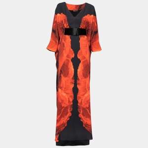 Pre Owned Alexander McQueen Black and Orange Floral Printed Belted Dress M