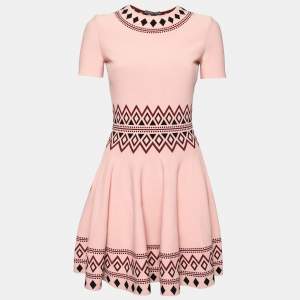 Pre Owned Alexander McQueen Pink Knit Geometric Pattern Short Sleeves Flared Dress M