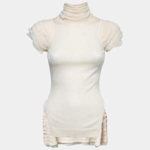 Pre Owned Alexander McQueen Cream Ruffle Detailed Turtle Neck Top S