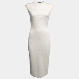 Pre Owned Alexander McQueen Cream Patterned Knit Short Sleeve Dress L