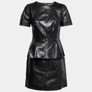 Pre Owned McQ by Alexander McQueen Black Leather Short Sleeve Peplum Dress M