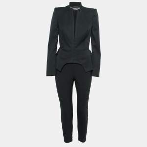 Pre Owned Alexander McQueen Black Wool Asymmetric Hem Peplum Blazer & Pant Suit M