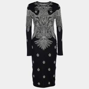 Pre Owned Alexander McQueen Black Wool & Silk Jacquard Fitted Dress M
