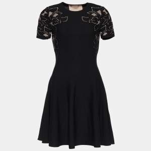 Pre Owned Alexander McQueen Black Knit Floral Jacquard Inlay Flared Dress M