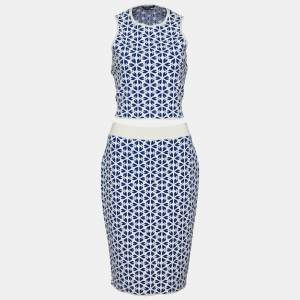 Pre Owned Alexander McQueen Blue Embossed Floral Jacquard Knit Crop Top & Skirt Set L
