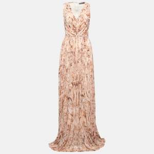 Pre Owned Alexander McQueen Pink Printed Jersey Draped Sleeveless Maxi Dress M