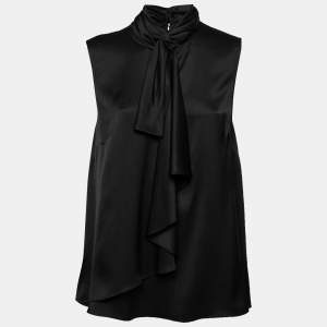 Pre Owned Alexander McQueen Black Satin Silk Draped Sleeveless Top M