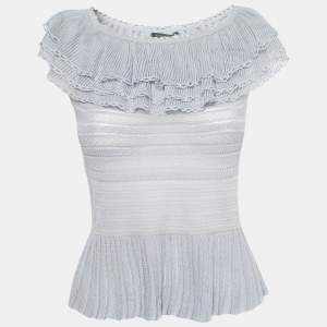 Pre Owned Alexander McQueen Blue Pointelle Knit Ruffle Trimmed Top S 