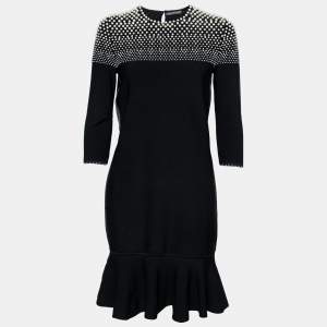 Pre Owned Alexander McQueen Black Knit Pearl Embellished Flared Hem Dress L