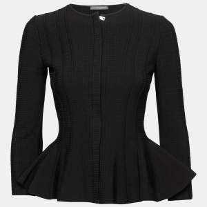 Pre Owned Alexander McQueen Black Stretch-Knit Zip-Front Peplum Top S 
