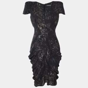 Pre Owned Alexander McQueen Black Printed Crepe Draped Midi Dress M