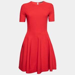 Pre Owned Alexander McQueen Red Jacquard Knit Flared Dress M