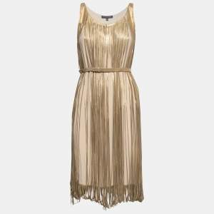 Pre Owned Alexander McQueen Gold LeatherFringed Belted Midi Dress S