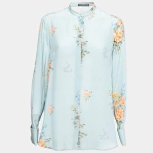 Alexander McQueen Blue Floral Printed Silk Mandarin Collar Blouse M