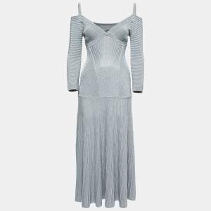 Alexander McQueen Metallic Grey Ribbed Knit Off-Shoulder Maxi Dress M