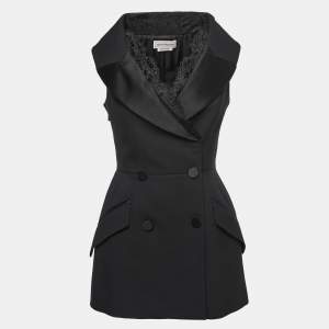 Alexander McQueen Black Crepe Lace-Trim Sleeveless Tuxedo Jacket S