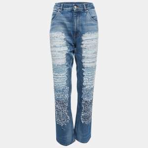Pre Owned Alexander McQueen Blue Denim Ripped Straight Leg Jeans M Waist 32"