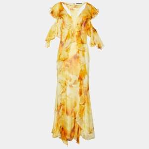 Pre Owned Alexander McQueen Yellow Printed Silk Chiffon Ruffled Maxi Dress M