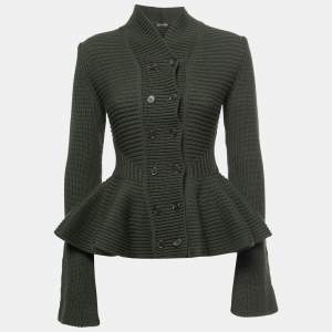Alexander McQueen Dark Green Wool Cable Knit Shawl Neck Button Front Sweater M