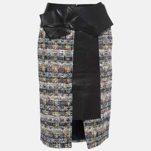Alexander McQueen Multicolor Tweed Leather Trimmed Bow Detail Knee Length Skirt M