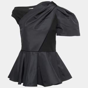 Alexander McQueen Black Cotton & Taffeta Asymmetrical Peplum Top M
