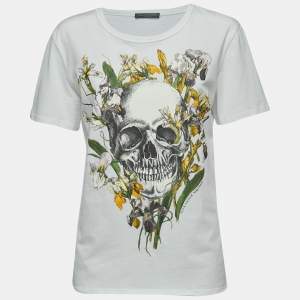 Pre Owned Alexander McQueen White Cotton Floral Skull Print T-Shirt L