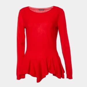 Alexander McQueen Red Wool Knit Flared Hem Wide Neck Sweater L