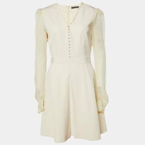 Pre Owned Alexander McQueen Cream Wool & Silk Chiffon Mini Dress M