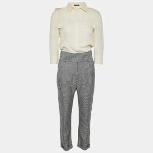 Alexander McQueen Cream Silk & Houndstooth Silk & Wool Jumpsuit S