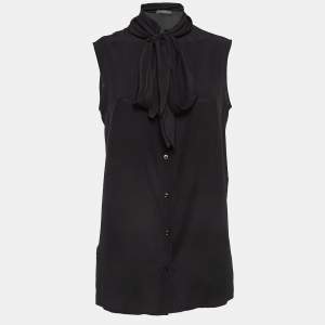Alexander McQueen Black Silk Buttoned Neck Tie Sleeveless Blouse M