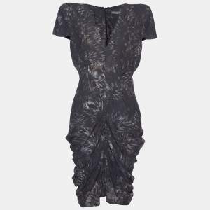 Pre Owned Alexander McQueen Black Printed Crepe Draped Midi Dress M