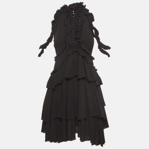 Pre Owned Alexander McQueen Black Silk Ruffled Mini Dress M