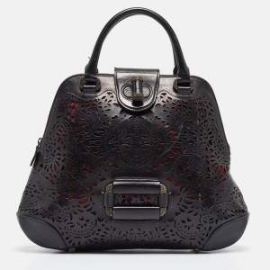 Alexander McQueen Black Laser Cut Leather Novak Satchel